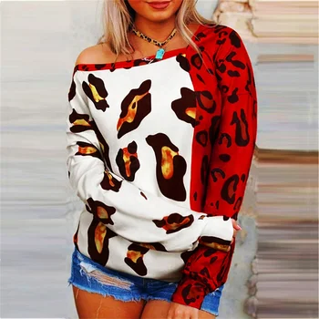 Leopards Drukāt Modes T-Krekli Ar Garām Piedurknēm Šķībs Apkakles Streetwear Tee Raibs Kaklasaišu Krāsošanas Mīksti Topi Rudenī Pie Pleca T-Krekls