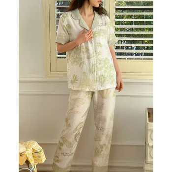 2023 Sieviešu Pidžamas Vasaras Bambusa Šķiedras Sietu Sleepwear Svaigi Īsām piedurknēm Top Bikses Uzvalki Sieviete, 2 gab. Komplekts Mājas Drēbes