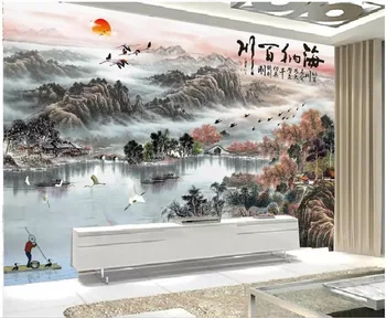 3d foto tapetes custom sienas Ķīniešu tintes glezna, kalnu upes ūdens, mājas dekoru 3d sienu gleznojumi tapetes sienām 3 d