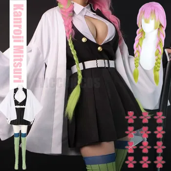 Anime Demon Slayer Kimetsu Nav Yaiba Kimono Kanroji Mitsuri Cosplay Kostīmu Kisatsutai Seksīgs Apģērbs, Sieviešu Halloween Kostīmu parūka