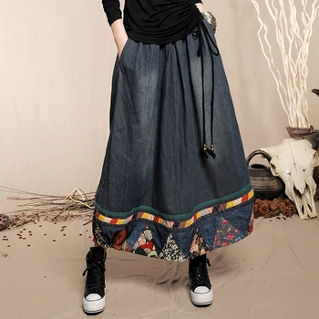 Bezmaksas Piegāde 2023 Jaunu Modes Ķīniešu Stilā Ilgi Maxi-line Elastīgs Viduklis Ziedu Drukāt Džinsa Džinsi, Sieviešu Lupatu Svārki