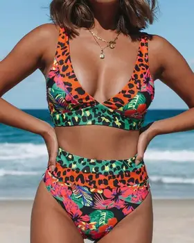 Bikini 2023 Sieviešu Vasaras Modes Beach Brīvdienas Leopard Tropu Drukāt Sexy V-Neck Bez Piedurknēm Izdilis Bezvadu Krūšturis Bikini Komplekts