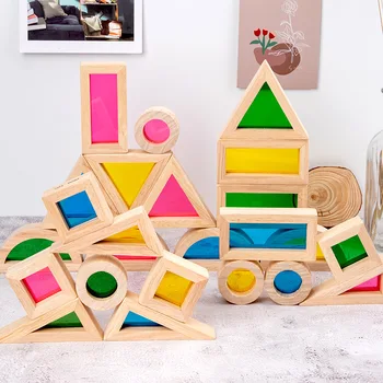 Caurspīdīga Celtniecības Bloki Varavīksnes Lielām Daļiņām, 25 Koka Maņu Vizuālo Rotaļlietas Akrila Montessori Puzzle Agrīnās Izglītības p368