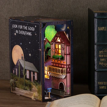 Cutebee Diy Grāmatu Nook Komplekts Sapņu Bookend 3D Grāmatu Plaukta Ielikt Miniatūras Koka Namiņš Apgaismojums Ēkas Modeli par Kazlēnu, Dāvanu