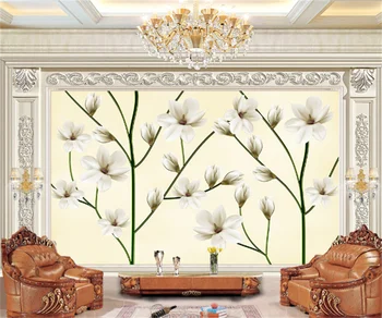 Eiropas un Amerikas balts magnolijas zieds, dzīvojamā istaba, TV fona sienas sienas 3D magnolijas koka mājas uzlabošana tapetes