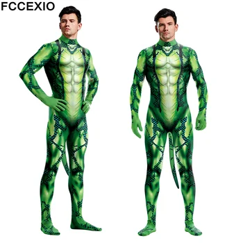 FCCEXIO Sexy Cosplay Zaļā Liels Python Kostīmi Unisex Pilnībā Segtu Elastīgs Dzimuma Puses Bodysuits Zentai ar Asti Geju Jumpsuits