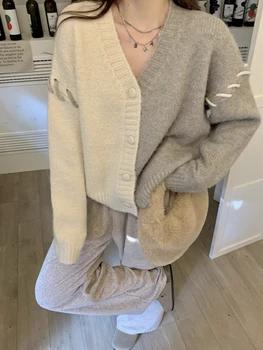 GBG1878 Kontrastu iesiešanas V-veida kakla džemperis mētelis Sieviešu ziemas 2022 jauns dizains zaudēt šiks adīt augšu
