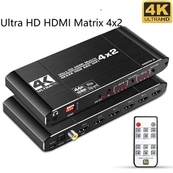 HDMI 2.0 Matrix Komutatoru Sadalītāja 4x2 4K@60Hz HDR UHD 18Gbps LOKA Audio Extractor SPDIF Koaksiālais 3.5 mm Audio EDID Iestatījumu HDCP2.2