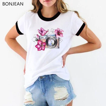 Ir 2021. vasaras top ziedu kameras izdrukāt t krekls sievietēm ar īsām piedurknēm t femme gadījuma balts t-krekls sieviešu streetwear tees