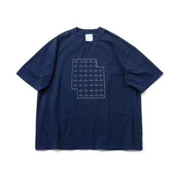 Japāņu Zilā krāsā Krāsoti ar Roku Izšūts Kokvilnas Zaudēt Īsām Piedurknēm T-krekls Vīriešu Modes Vasaras Iespiesti Indigo Nacionālā Stila t-veida