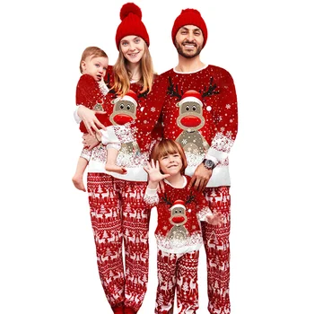 (Matching Ģimenes Ziemassvētku Pidžamu Ar Garām Piedurknēm Briežu Sniegpārslas Drukāt Džemperis + Bikses Kopa