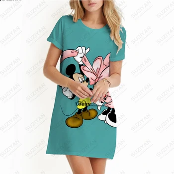 Meiteņu un Sieviešu Vasaras Īsi Svārki Kleita ar Īsām Piedurknēm 3D Iespiesti Disney Zaudēt-line Apaļu Kakla Džemperis Īsi Svārki 2023 Mickey