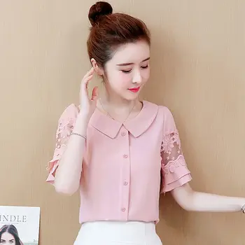 Modes Īsām piedurknēm Šifona Zemāko Krekls Sieviešu Vasaras Jauno korejas Slim Lelle Apkakles Blūze Augšu