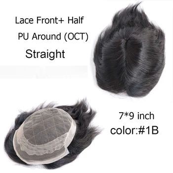 Mono+ Pu Vīriešiem Toupee Black 100% Cilvēku Mati Sistēmas Nomaiņa Hairpiece Ādas Prosthetis 8x10inch Vīriešu Cirtaini Parūka