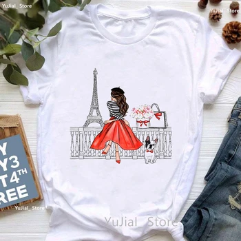 Parīzes Eifel Tower Meitene Patīk Franču Buldogs Druka T Kreklu Sieviešu Vasaras Modes Īsām Piedurknēm T Femme Cute Gadījuma Tee Krekls