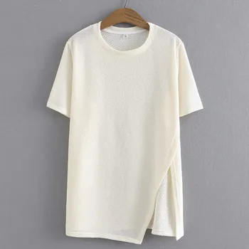 Plus Izmēra T-Krekls Sievietēm 2023 Vasarā Reizes Audums O-Veida Kakla Tees Īsām Piedurknēm Asimetriska Garuma Sadalīt Topi Lielgabarīta Līkne Drēbes