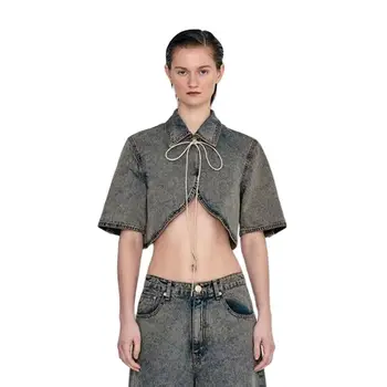 Retro aukliņu siksnas džinsa krekls 2023 vasaras jaunā, īsā jaka y2k personība modes asimetriska jaka īsi svārki komplekts