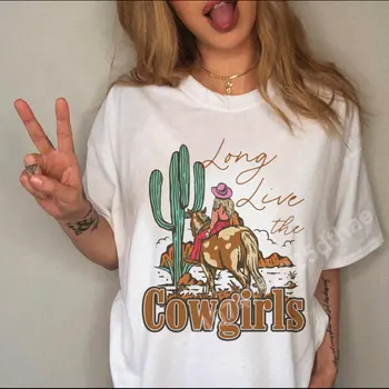 Rietumu Cowgirl Grafiskais T Krekli, Sieviešu Apģērbu Karikatūra Vēstuli Izdrukāt Īsām Piedurknēm t-veida Topi Dāmas Gadījuma Harajuku Balts T-krekls