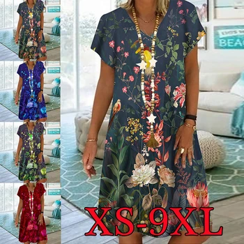 Sieviešu Vasaras Drukāt V-veida Kakla Īsām Piedurknēm Kleita Modes Gadījuma Īsām Piedurknēm Kleita Plus Size XS-9XL