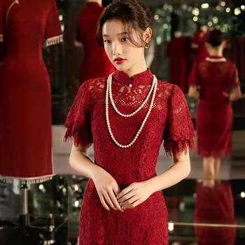 Sieviešu Ķīnas Qipao Vintage Mandarīnu Apkakles Cheongsam Plus Lieluma Sexy Mežģīņu Dobi No Slavenību Banketa Kleita Bordo Balles Kleita