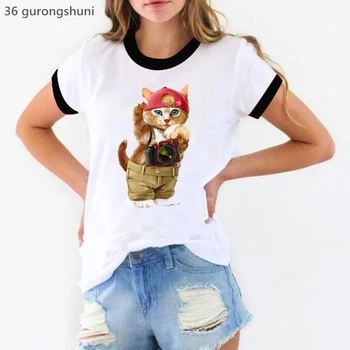 Smieklīgu T Kreklu Meitenes Kawaii Kaķis Mīl Kameru Dzīvnieku Print T Sieviešu Apģērbu Harajuku Kawaii Apģērbu ar Īsām Piedurknēm T-Krekls