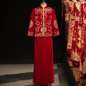 Tradicionālā Ķīniešu Stilā Līgavainis Kāzu Kleita Vintage Vīriešu Pūķa Izšuvumu Laulības Tang Uzvalks Apģērbu китайская одежда