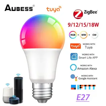 Tuya Smart Spuldzes Zigbee 9/12/15/18W Bezvadu App Laika LED RGBW Gaismas E27 Lampas 2700k-6500K Balss Vadība, Izmantojot Alexa, Google Home