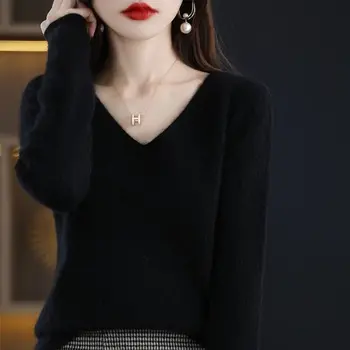 V-veida kakla Cepti Mīklas Vērpjot Svītrains Džemperis Sievietēm Zaudēt korejas Plus Lieluma Bieza Modes garām Piedurknēm Adīšanas Džemperi Taisni 5XL