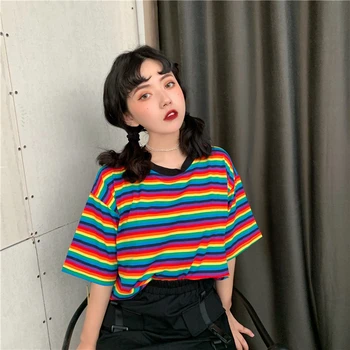 Varavīksnes filmu kokvilnas spandex dzija krāsota T-krekls meitene