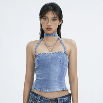 Vasaras Sieviešu Modes Pavada Džinsa Topi bez Piedurknēm Sexy Kontrasta Krāsu Slim Fit Kniežu Topi Streetwear