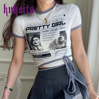 Y2K Print T-krekls Elegantas Sievietes Vasaras Harajuku Baltos, Rozā Crop Topi Streetwear Īsām Piedurknēm Mežģīnes-up, T Krekli korejas Modes