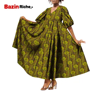 Āfrikas Maxi Kleita V Kaklarota Vasks Drukāt Kokvilna, ar Divām Kabatām Vasaras garumā Drēbes Brīvā Stila Sieviešu Gadījuma Tērpiem WY10086
