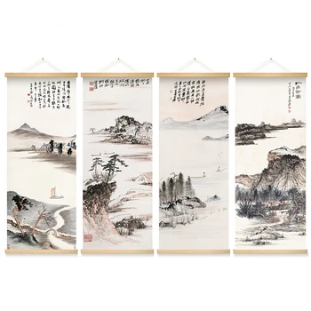 Ķīnas Ainavu Glezniecības Četru gabals, kas no Sienas Gleznojums Dzīves Telpu Dekorēšana Ritiniet Krāsošana masīvkoka Sienas Gleznojums
