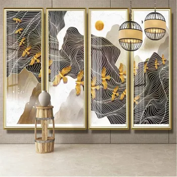 Ķīniešu Stilā Jaunu Ķīniešu Stilā Tintes Ainavu Zelta Līnijas Zen Fona Tapetes Dzīvojamā Istabā Sienas Auduma tapešu 3D